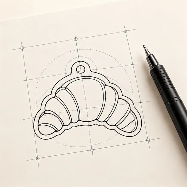 Illustrative croissant keychain artwork refined into vector linework
