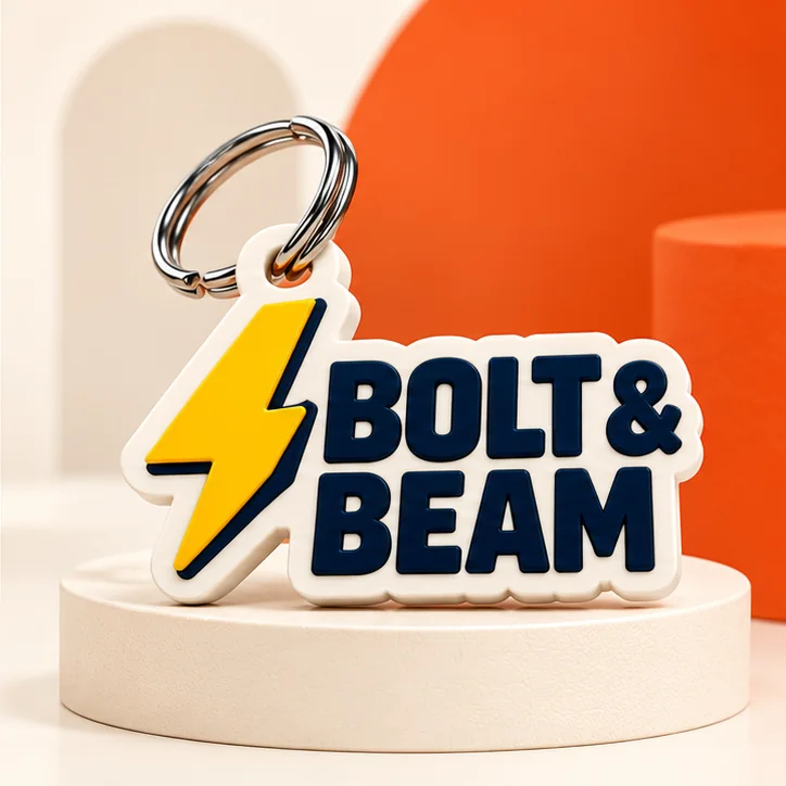 Lightning bolt and wordmark keychain concept for fictional trades brand Bolt and Beam