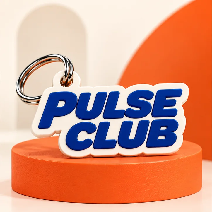 Blue and cream Pulse Club wordmark keychain concept for a fictional fitness brand