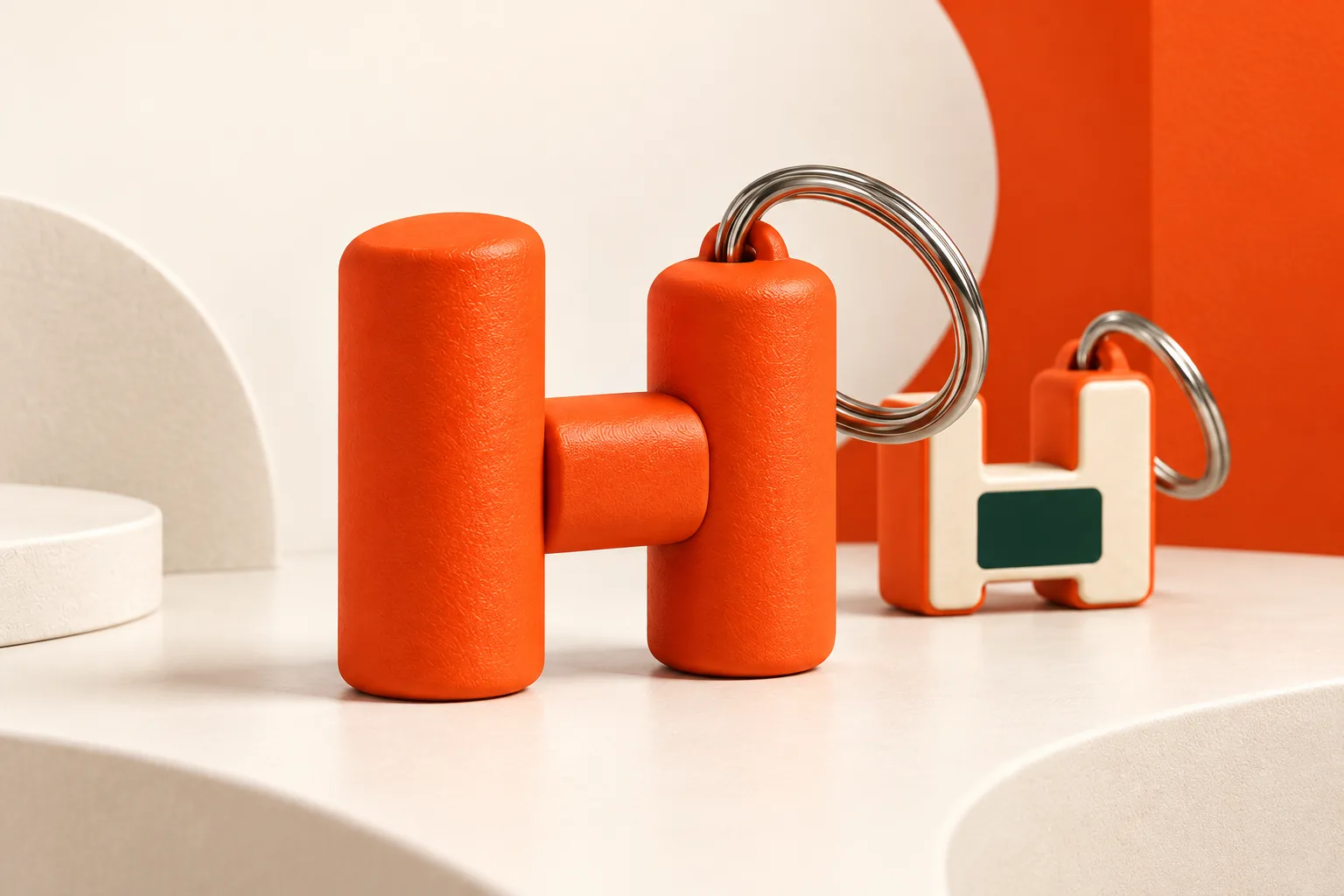 Orange sculptural H keychain with a silver ring, shown as a design concept