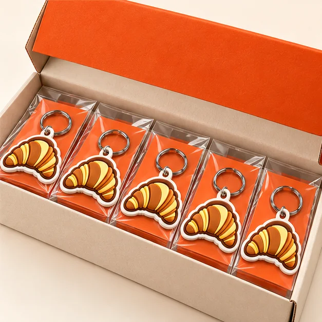 Illustrative batch of Dough Day keychains in individual bags